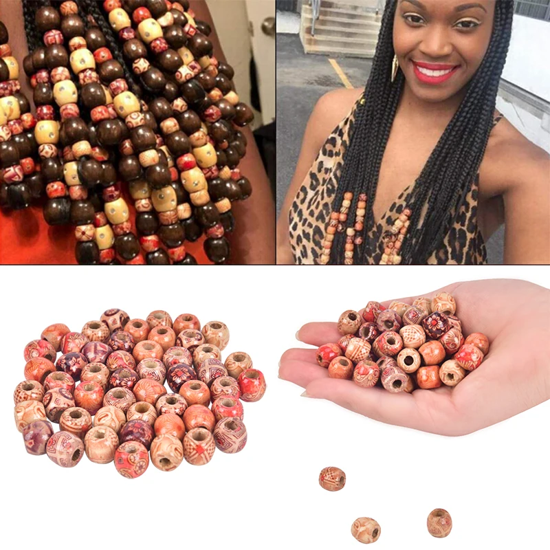 

10/50pcs Wood Beads Mix Shape Drum Pattern Big Hole Loose Spacer Beads Fit Charm Bracelet DIY For Dreadlocks Jewelry Making