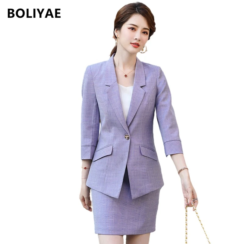 Boliyae Suits With Skirt Women Elegant 3/4 Sleeve Spring Summer Tops Formal Professional Blazer Female Office Jacket 2 Piece Set