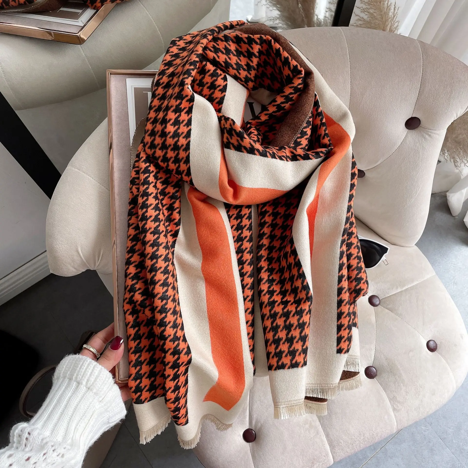 

2021 зимний кашемировый шарф с рисунком «гусиные лапки», теплые шарфы из пашмины, Женская шаль, женский платок, модная бандана, пончо, хиджаб