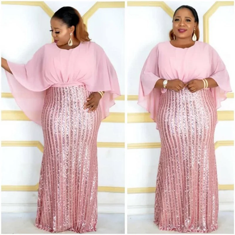 

Африканские платья для женщин 2020 Африканское платье женские кружевные блестки с круглым вырезом рукава Повседневное платье вечернее Вечер...