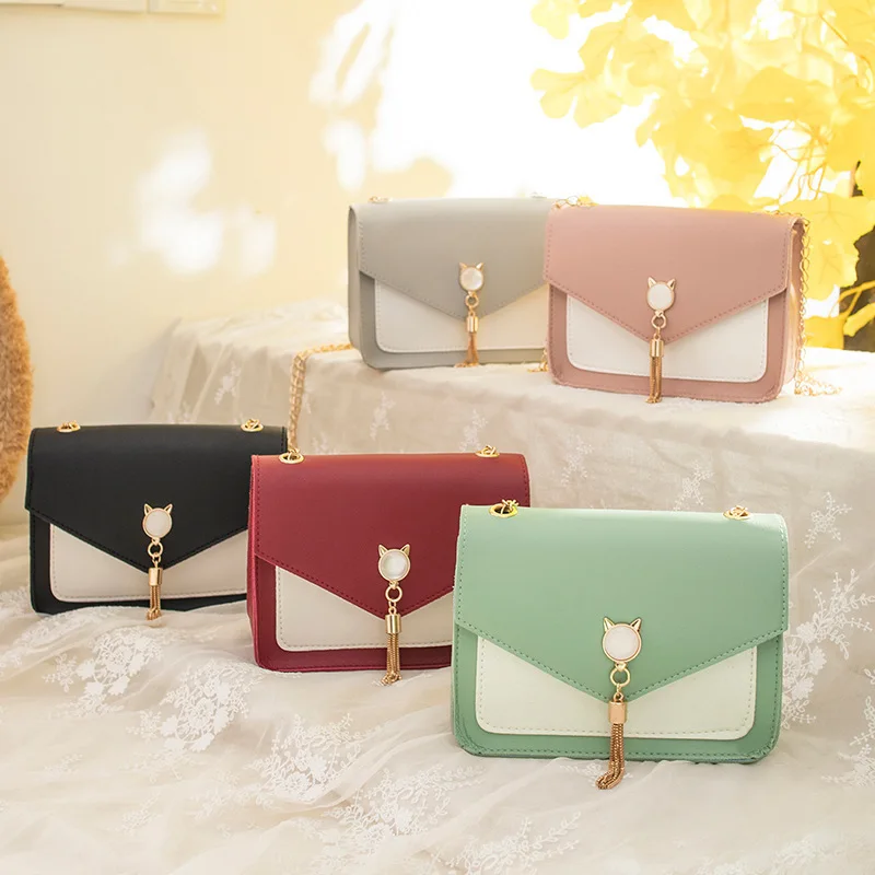 Women's Korean-Style Hardware Tassel Pu Shoulder Bag Contrast Color Purse Small Bag Patched Patched Simple Elegant Outdoor Bag