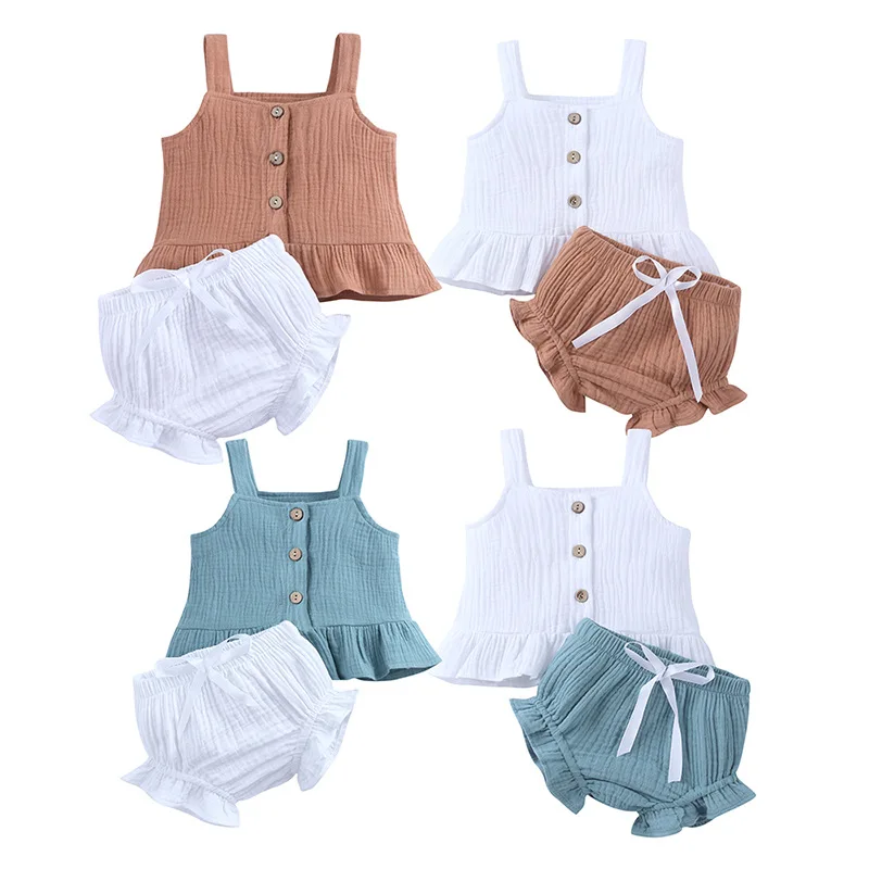 One Set Baby Girls Clothes Children's Suits Summer Infant Sleeveless Cotton Linen Vests+Shorts Bows Lace Outfits