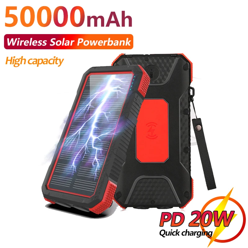 

50000mAh Wireless Solar Power Bank External Battery Emergency Waterproof SOS LED One-way Fast Charging Wireless Charging