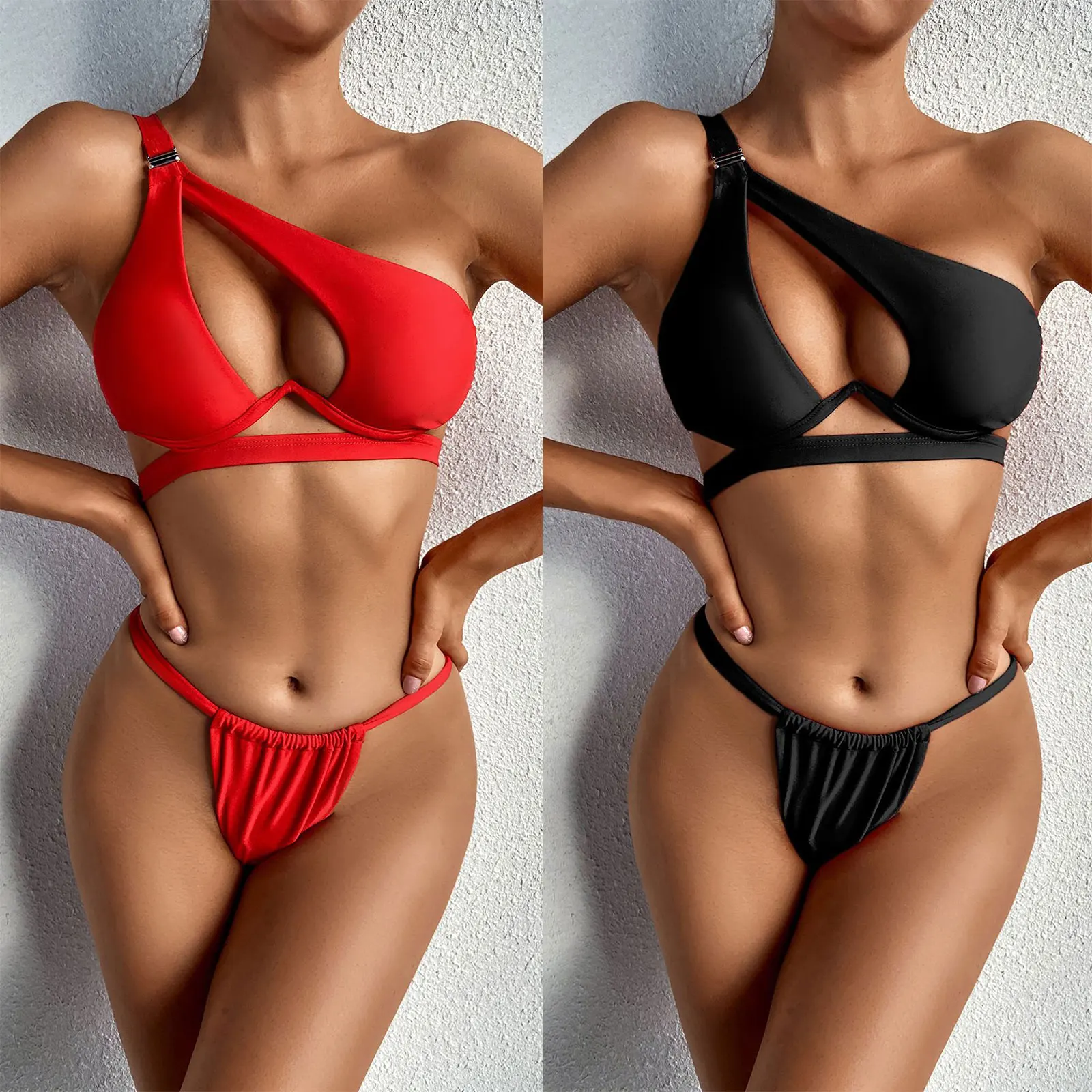 

2021 Fashion Sexy Bikinis Women One Shoulder Swimwear High Waist Swimsuit Bandage Bathing Suits Beach Wear Biquini Female
