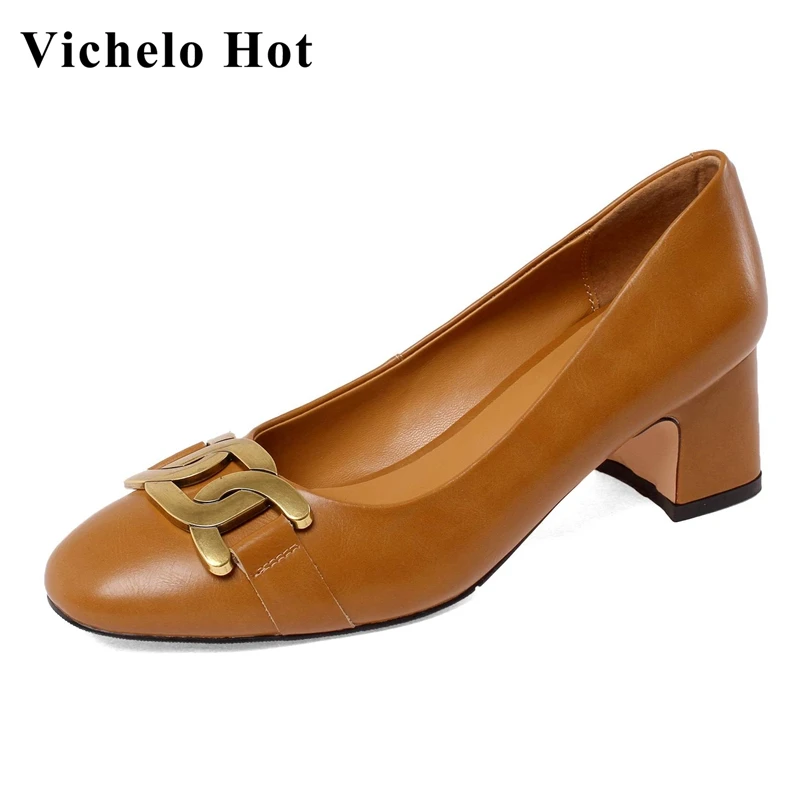 

Vichelo Hot big size genuine leather round toe shallow high heels metal decorations preppy style maiden slip on women pumps L68