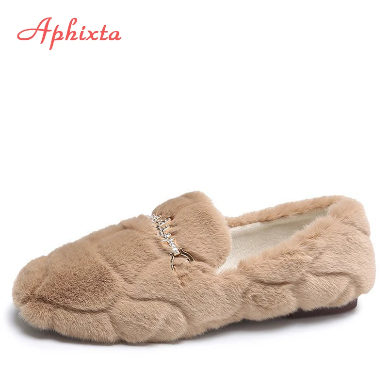 

Лоферы женские Aphixta, на плоской подошве, с металлическими кристаллами, теплые, зимние, с круглым носком, плюшевые, без застежек