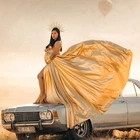 Уникальное Золотое атласное длинное платье для беременных женщин шикарные платья с V-образным вырезом и Боковым Разрезом для беременных со шлейфом
