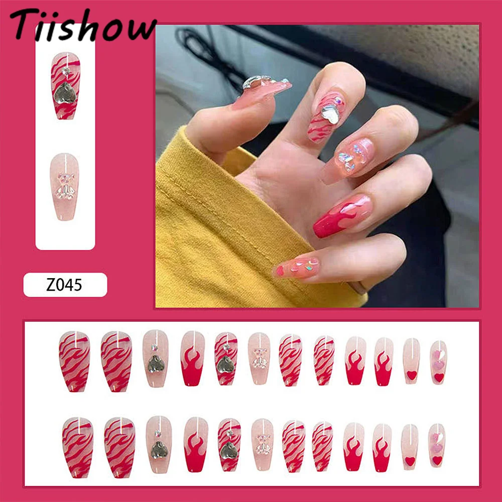 

Tiishow 24pcs Pink Diamond Flame Nail Art Fake Nails Tips Kit Jelly Gel Detachable Long Coffin Full Cover False Nails Tips Set