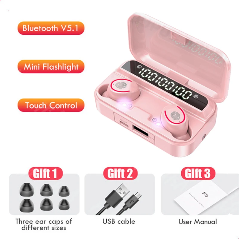 

F9-9 TWS Wireless Bluetooth Earphone Touch Control 9D Stereo Headset with Mic Sport Earphones Waterproof Earbuds LED Display