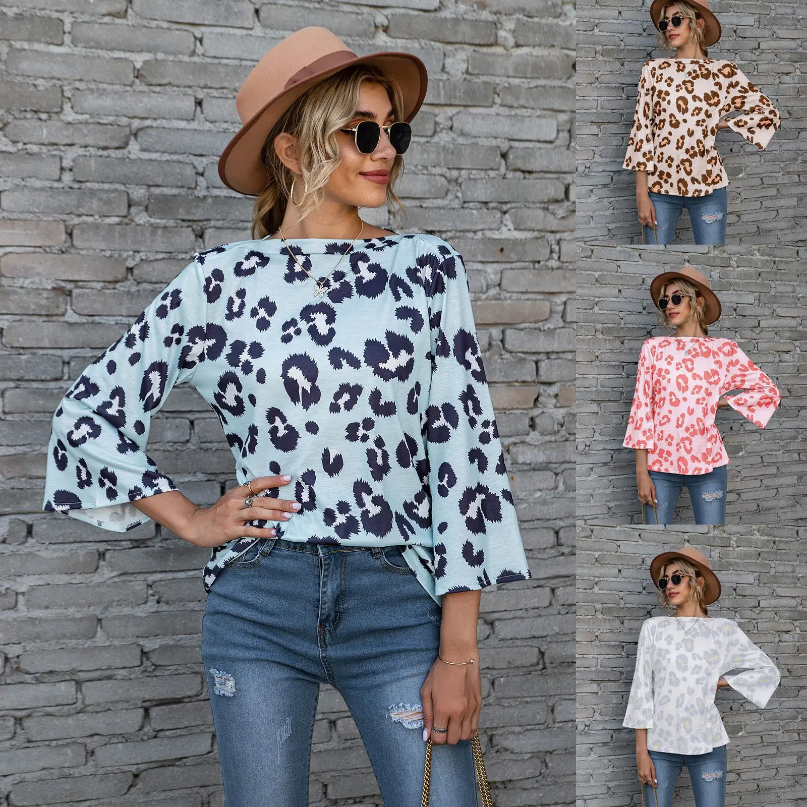 

Yunfay Hot Selling T-shirt Leopard Print Round Neck Quarter Flared Sleeve