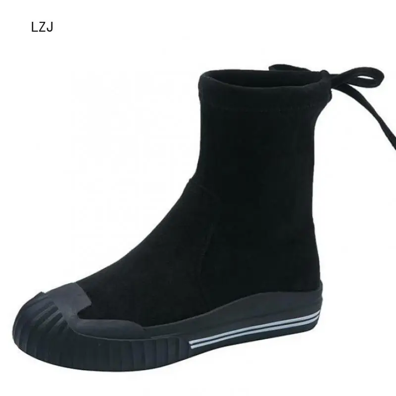 Женские Классические ботильоны из флока черные ботинки-мартинсы на толстом