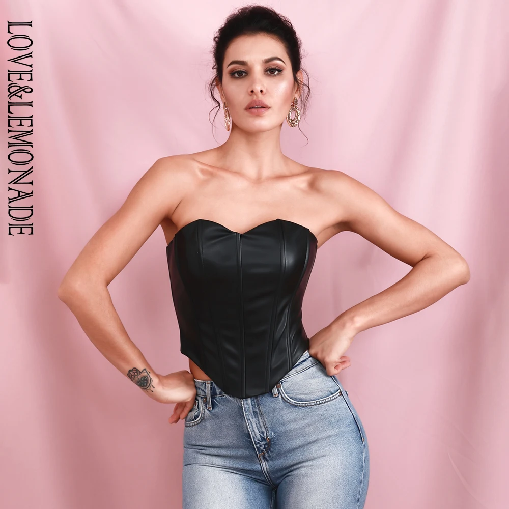 Женский топ бандо LOVE & LEMONADE черный эластичный облегающий из искусственной кожи| |