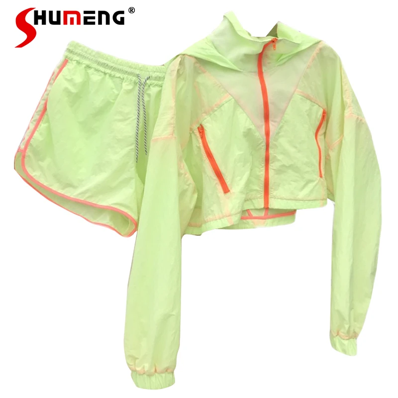 

Женский спортивный костюм из двух предметов, неоново-желтый кардиган на молнии с капюшоном и длинными рукавами и шорты, спортивный костюм, л...