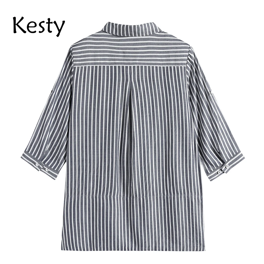 KESTY женская весенняя хлопковая рубашка в полоску больших размеров с карманами и пуговицами, повседневный топ с пайетками и лацканами от AliExpress RU&CIS NEW