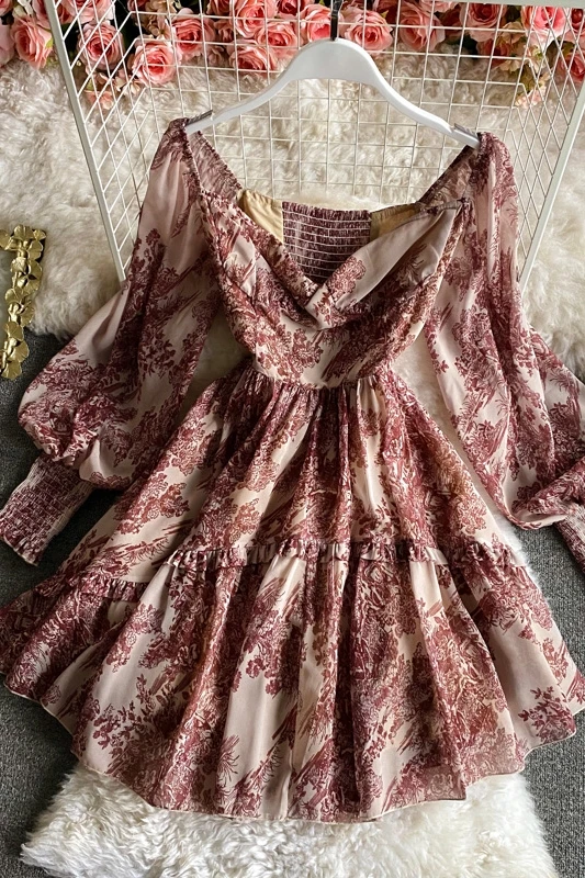 

2021 Spring New French Style V-neck Color Vestidos Female Lantern Sleeve Printing Waist Thin A-line Mini Dress Party Dress