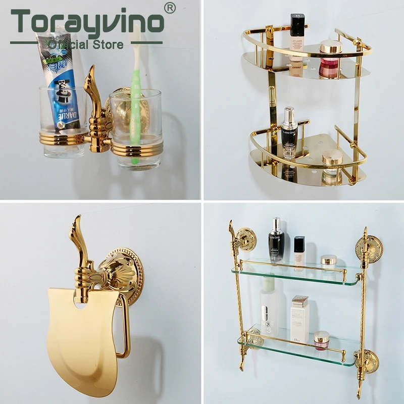 

Bathroom Accessory Set Gold Luxury Carved Paper Holder & Shelf Accessoire Pour Salle De Bain Zinc Alloy Wall Mount Hardware Sets