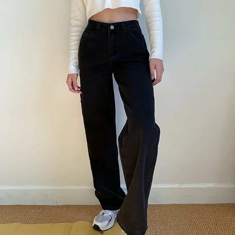 

SHENGPALAE Streetwear Fashion Jeans Women's Autumn 2021 New High Waist Solid Color Loose Straight Denim Pants Female Tide 5E2084