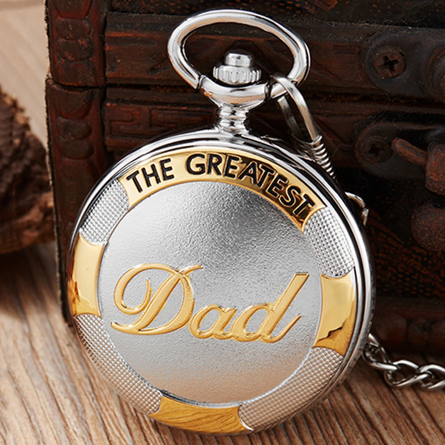 

Fathers Day Gifts "TO MY GREAST DAD" Sliver Pocket Watch Best idea for Daddy Father Luxury Quartz Fob Chain Clock with Gift BOX