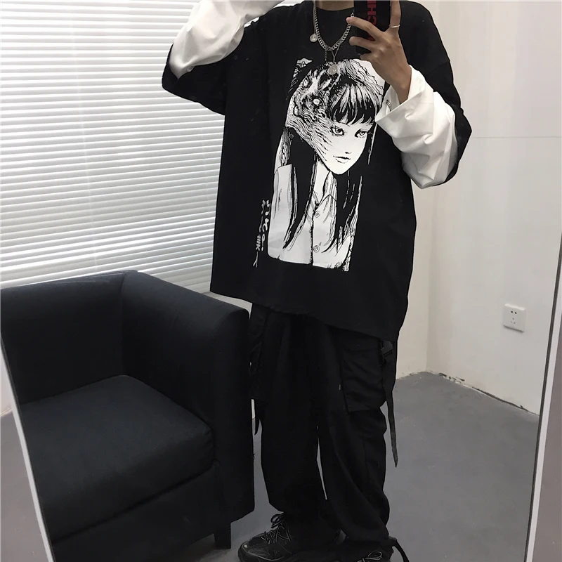 Lychee Harajuku Лоскутные Поддельные 2 шт. женские футболки темная японская девушка печать Осенняя женская футболка с длинным рукавом женская футболка