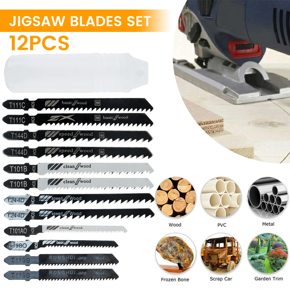 

12pcs HCS HSS T-Shank Curved Jigsaw Blades Jig Saw Blades Metal Wood Assorted Blades Woodworking Saw Blade Tool Accessories