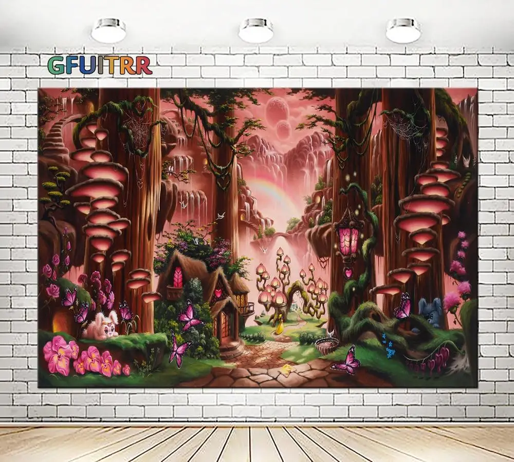 GFUITRR Фэнтези лес фотографии фоны Дети День рождения фон розовый Сказка Мир баннер