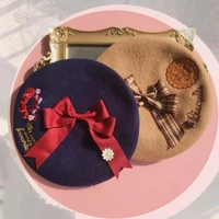 vintage cute cherry embroidery bow lolita beret wool flat hat japanese sweet daily mori girl women warm painter cap fall winter