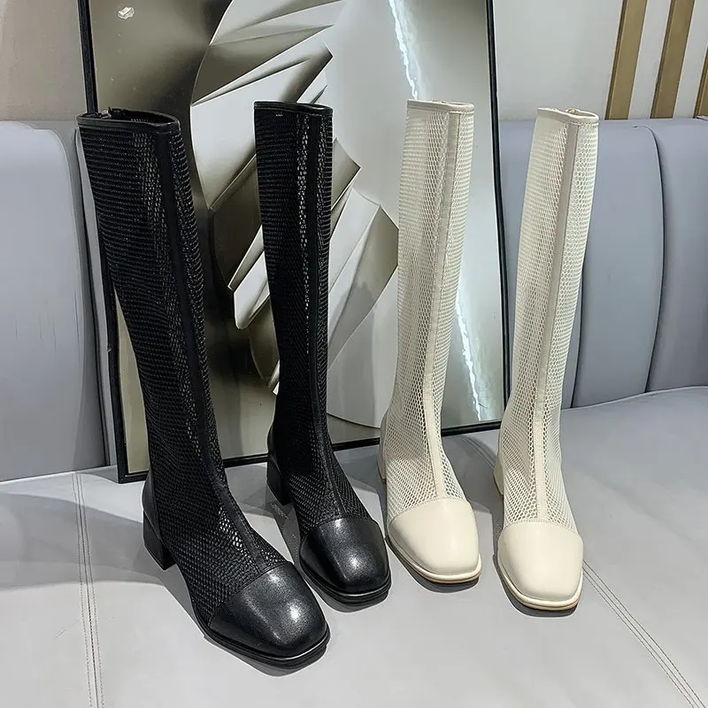 

Ladies Boots Spring/summer 2021 New Mesh Breathable Single Shoes High Tube Martin Shoes Square Heel Women's Shoes