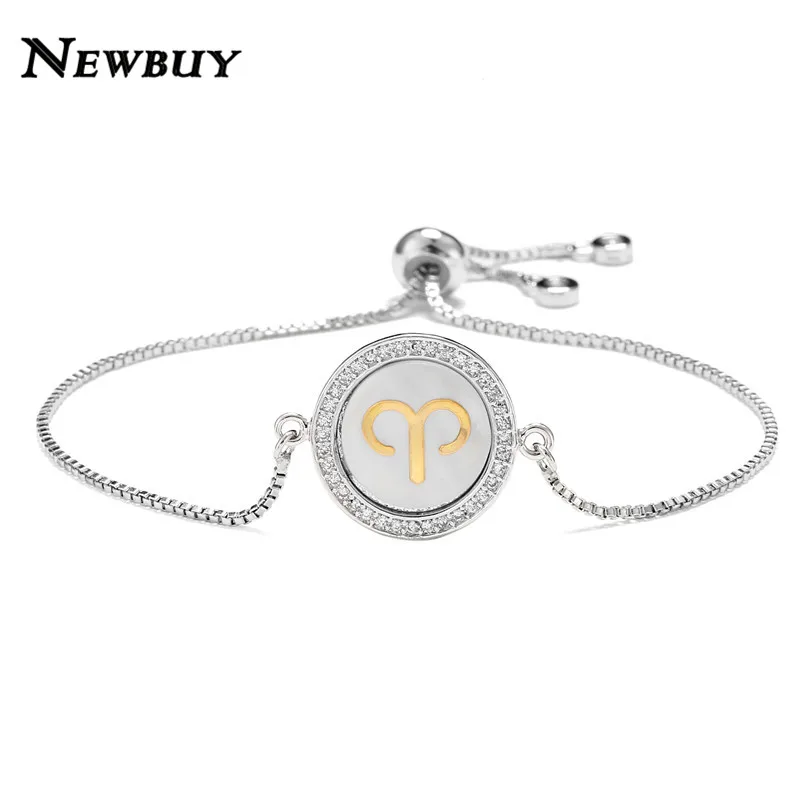 NEWBUY Мода 12 Созвездие шарм браслеты для женщин Девушка Уникальный дизайн оболочки браслет CZ Роскошный Золотой символ знаков зодиака - Окраска металла: Aries