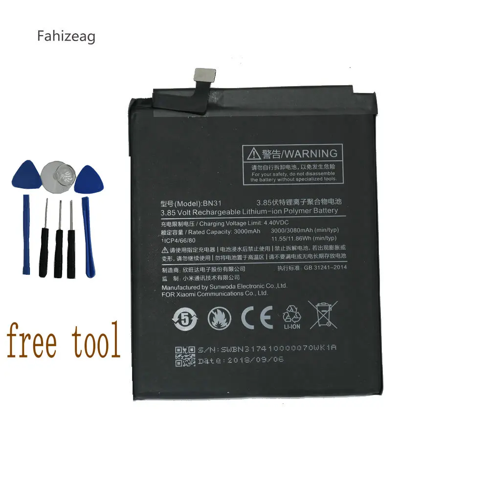 Аккумулятор fahizeag BN31 BN 31 3000/3080 мАч Сменный аккумулятор для смартфонов Xiaomi Mi 5X Mi5X Redmi