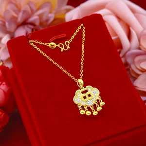 Classic Long Life Lock 18k Real Yellow Gold Necklace Pendant For Child Healthy Growth Fine Jewelry W