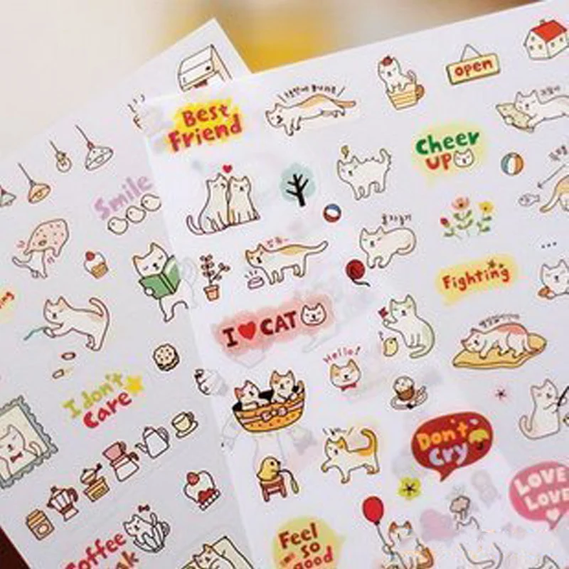 

6PCS Cartoon Cat Diary Decoration Stickers Cute Sticker Note Stationery Child Gifts School&Office Supplies