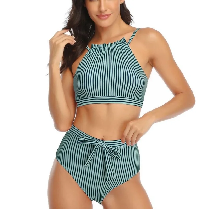 

Новинка 2021, Модный женский купальник в полоску, сексуальный облегающий высокоэластичный купальник с открытой спиной и разрезом, купальник, ...