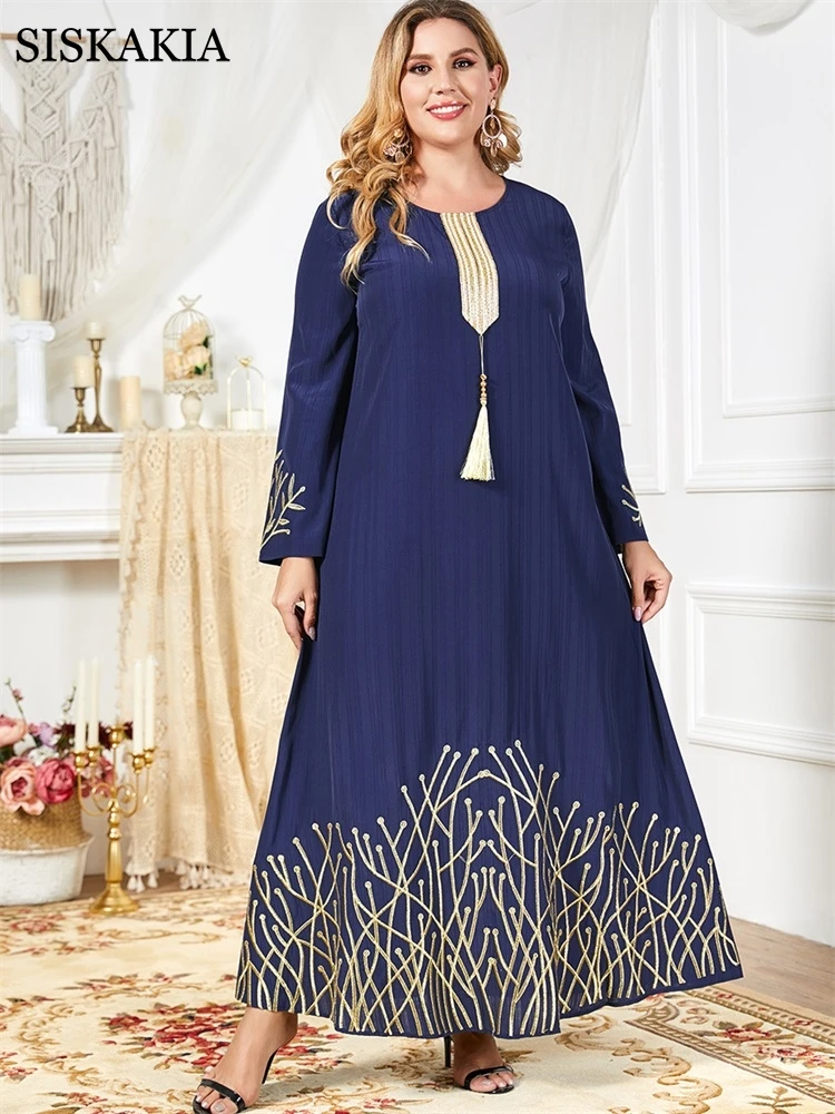 

Siskakia Plus Size Dress for Women Summer 2021 Ethnic Embroidery O Neck Long Sleeve Elegant Muslim Arabic Oman Clothes Navy Blue