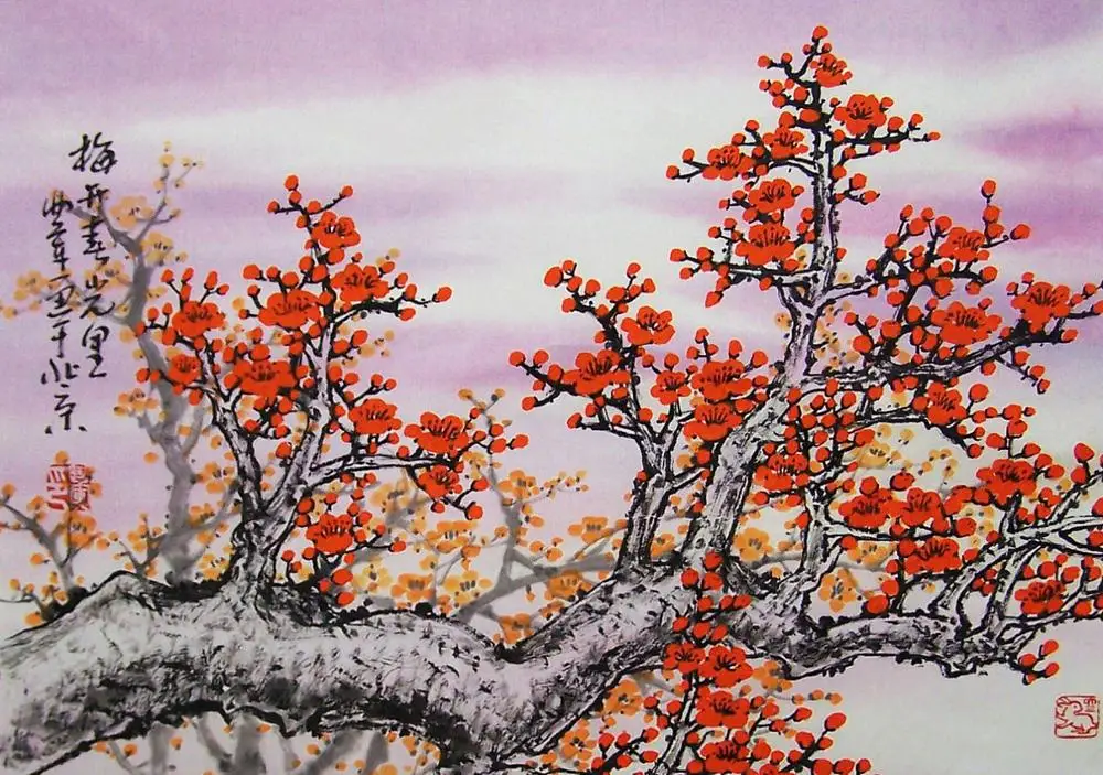 Шелковый плакат с традиционным японским художественным рисунком цветущей вишни