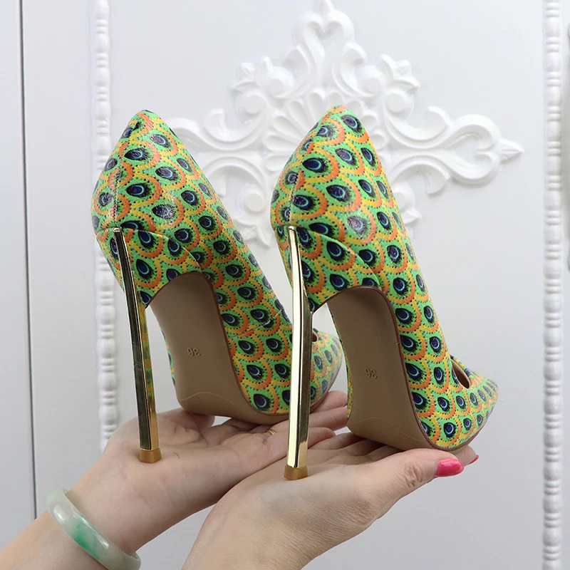 

Spring new color pointed shallow mouth stiletto high heel 12CM printing single shoes banquet dress catwalk all-match womens shoe