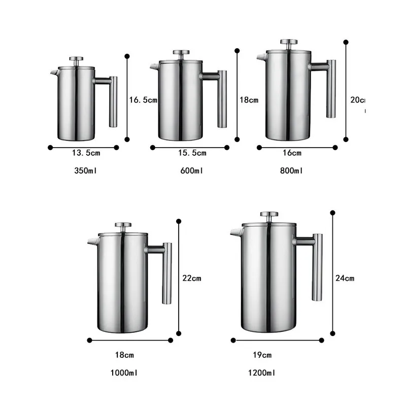 

1200/600/350ml Double Layer Insulation Teapot Stainless Steel Coffee Tea Maker with Filter French Press Heat Preservation Mug