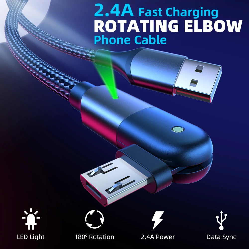 FONKEN вращающийся на 180 градусов кабель Mciro USB 3A для быстрой зарядки светодиодный