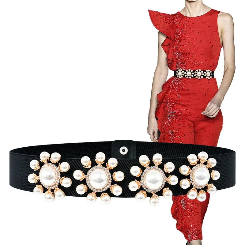 H3494 Women Elastic Waist Belt 3.8cm Narrow Black and White Waistband Female Fashion Pearl Diamond Decoration Luxury Accessories