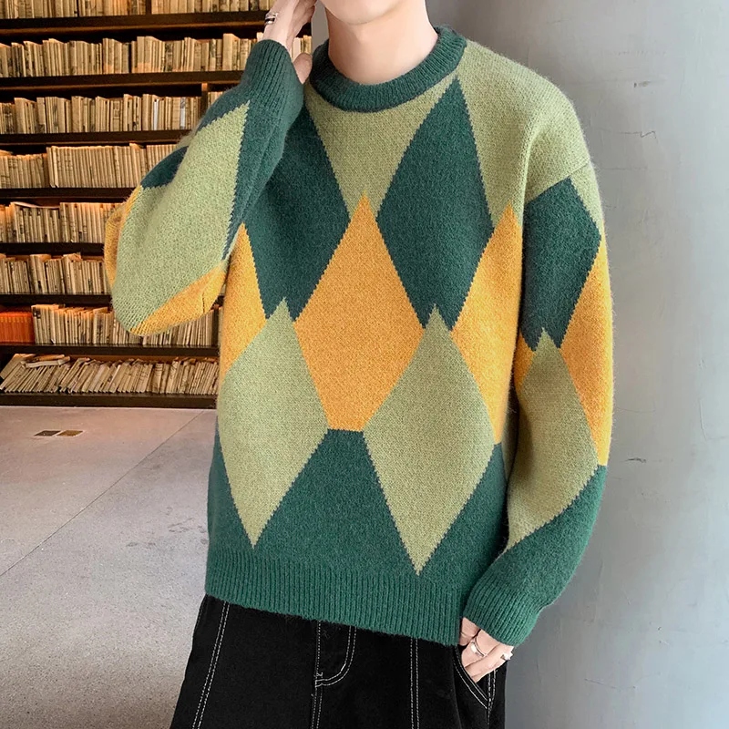 

2021 Autumn Winter Men O Neck Sweater Men Fashion Diamond Lattice All Match Casual Pullover Male Patchwork Loose Knitted Sweater