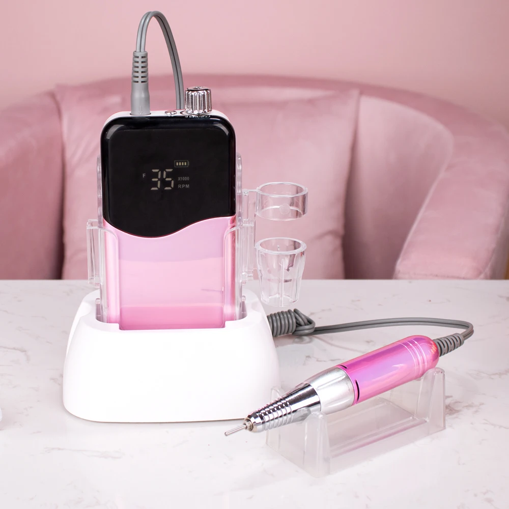 Wave 35000RPM Gradient Pink Handle Rechargeable Nail Drill Portable Cordless Electric Desktop Manicure Nail Drill Machine Set
