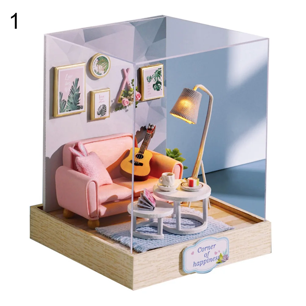 

DIY Miniature Doll House LED 3D Bedroom Living Room Model Kids Toy with Cover Puzzle Toy DIY Doll House Furniture for Children