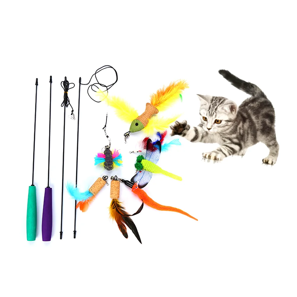

9Pcs Cat Interactive Toy Stick Feather Wand With Small Bell Mouse Cage Toys Plastic Artificial Colorful Cat Teaser Toy Supplies