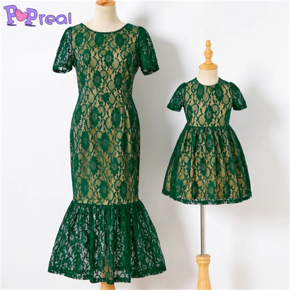 

PopReal Summer Mom And Daughter Dress Lace Dress Elegant Mermaid Skirt Short Sleeve Solid Family Matching Clothes Gift