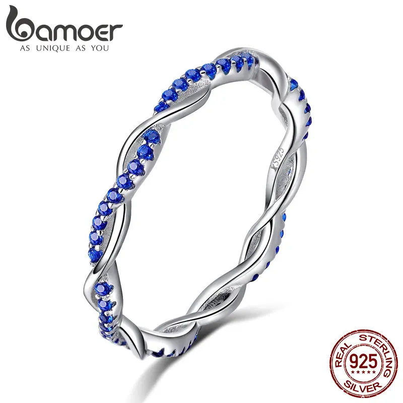 BAMOER, Новое поступление, 925 пробы, серебряное кольцо, витая линия, круглый синий CZ, кольца на палец для женщин, свадебные, обручальные ювелирные изделия SCR402