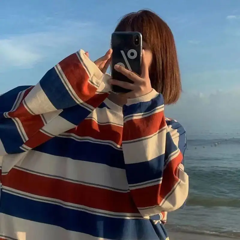 

Striped Thin Basic Crewneck Sweatshirt Round Neck Long Sleeve Spring Autumn Pullover Women Loose Hoodies Preppy Style
