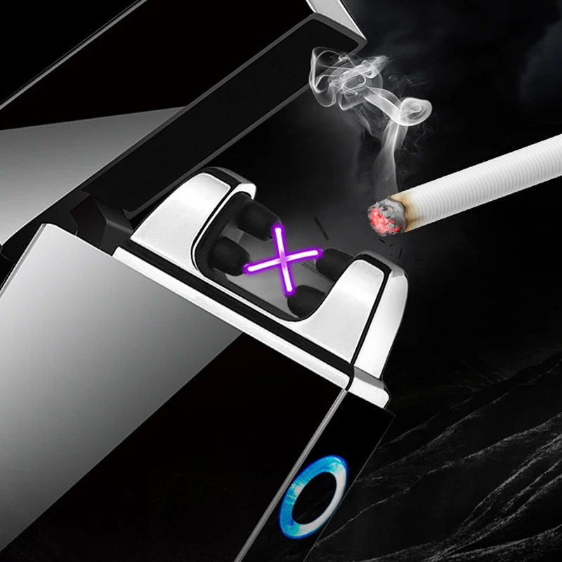 Windproof Dual Arc Lighter Rechargeable Metal Electric Plasma Cigarette Lighters Smoking With LED Power Display Men Gadgets Gift | Дом и сад
