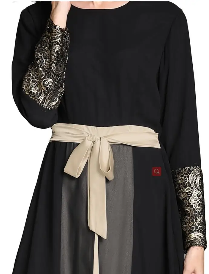 

Summer Brand New Muslim Female Black Lace Dress Spring Women Fashion Casual Dress Bow belt Round neck long sleeve chiffon dress