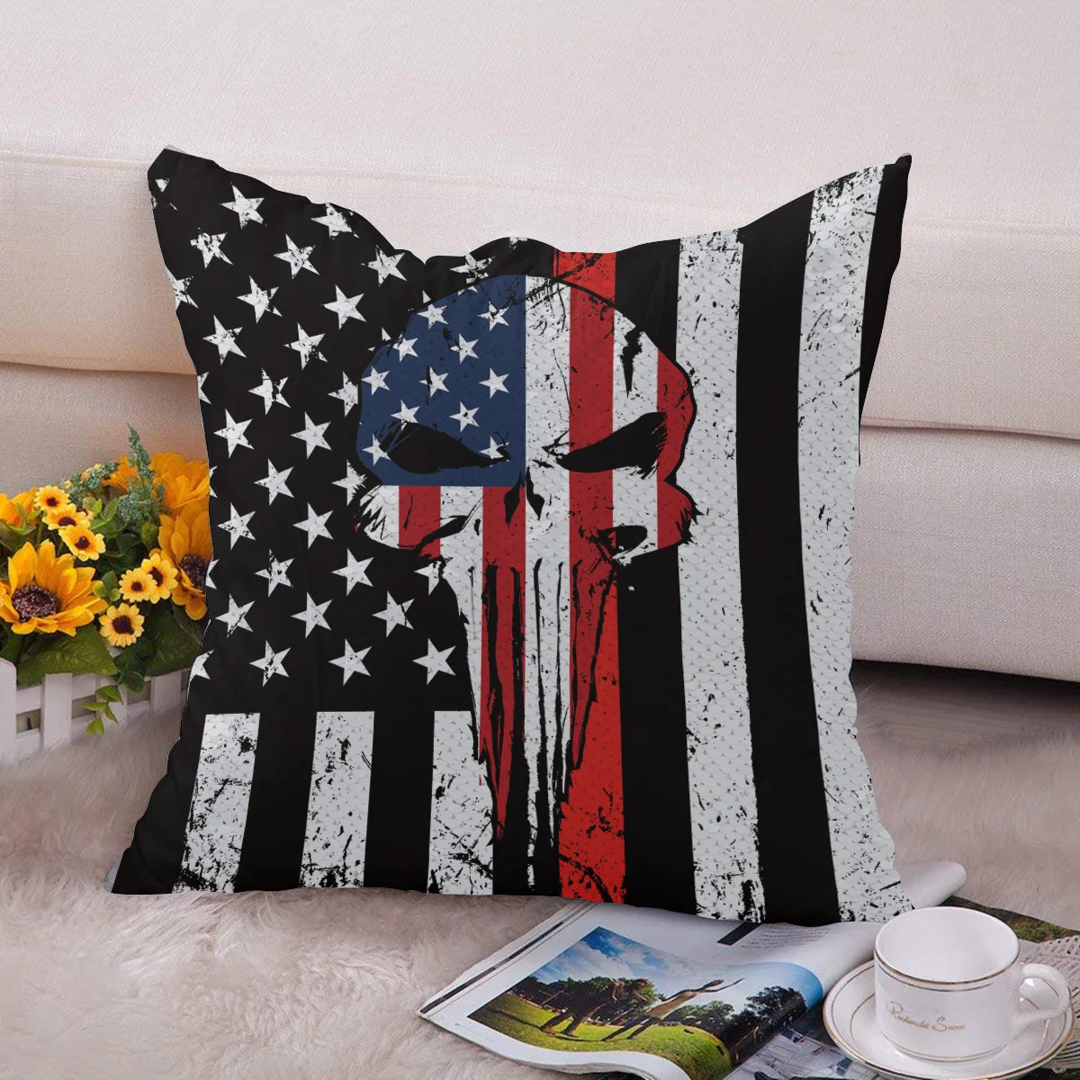 Каратель Череп красная линия американский флаг Волшебная наволочка блестки