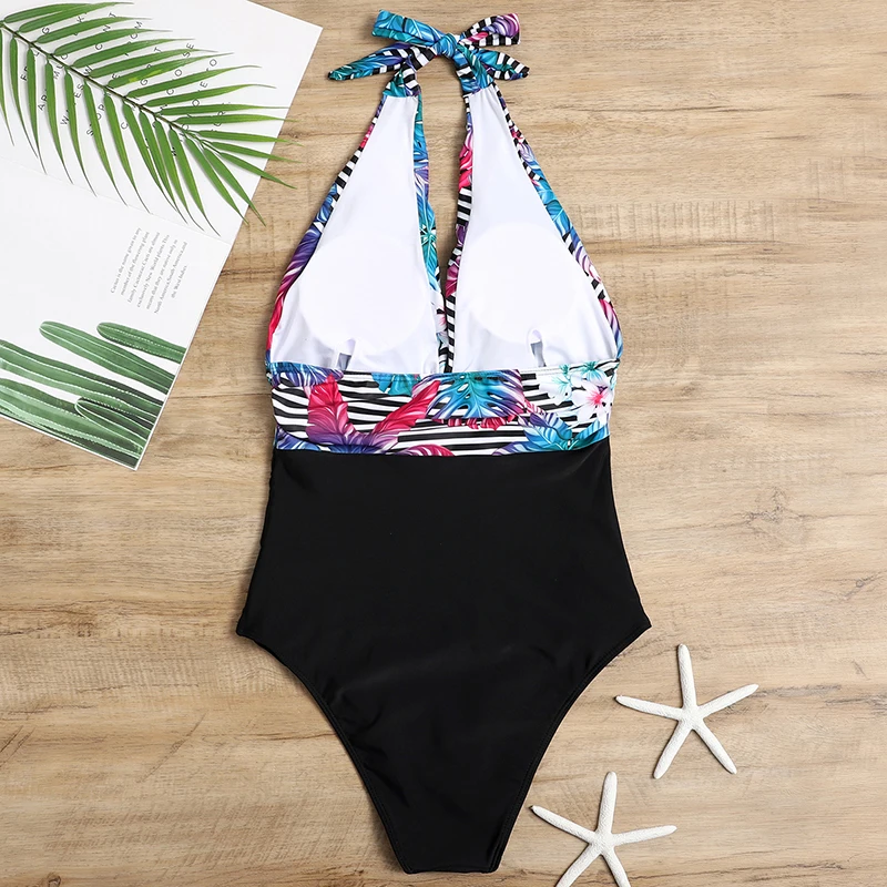

Striped floral deep V-neck halter swimsuit sexy halter lace-up ladies 2021 beach swimsuit one-piece swimsuit bikini swimsuit