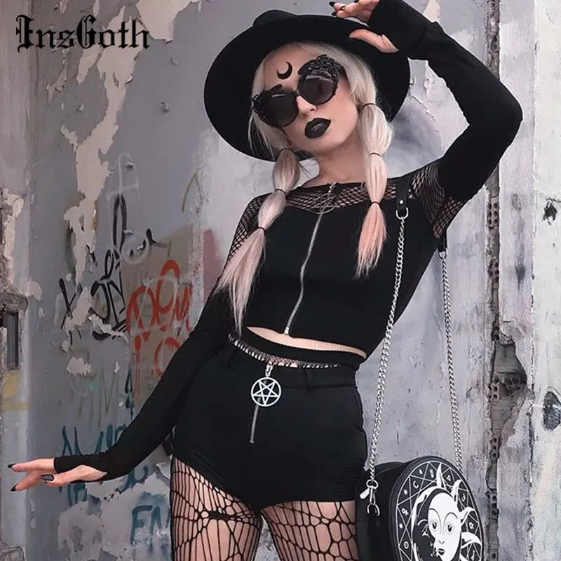 InsGoth готические сексуальные открытые черные топы Harajuku винтажные с пентаграммой